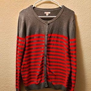 Gray and red striped long sleeve sweater